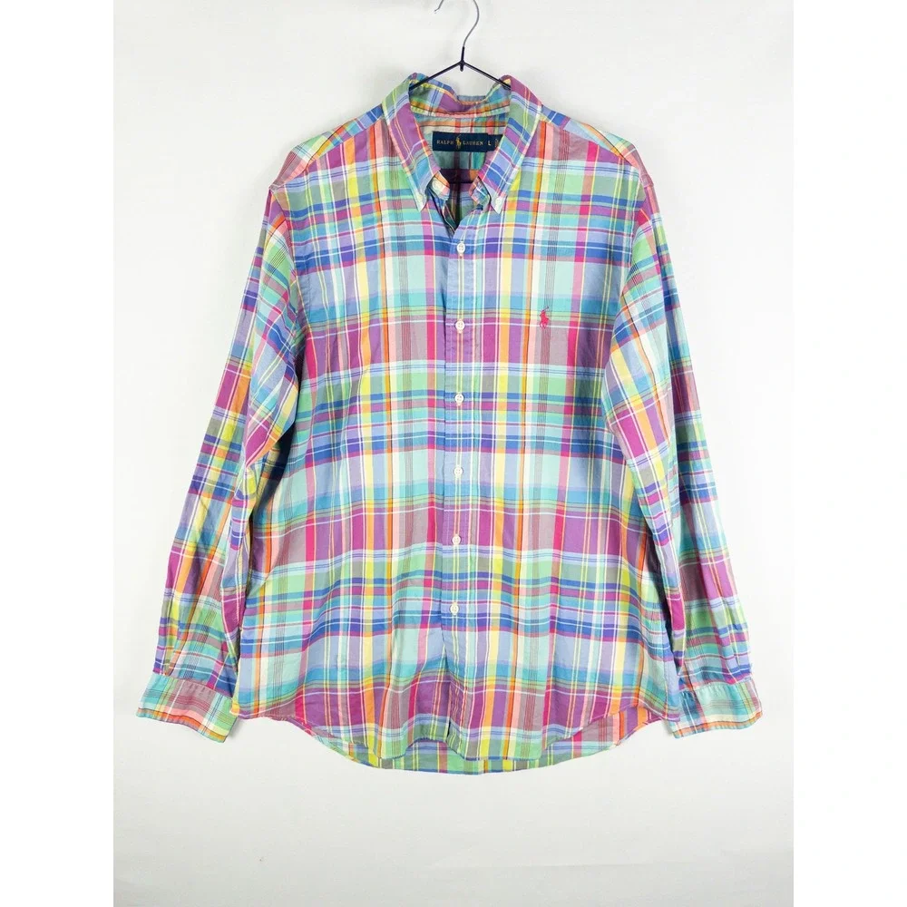 Ralph Lauren Madras Plaid Button Down Shirt Mens L Multicolor Preppy Old Money